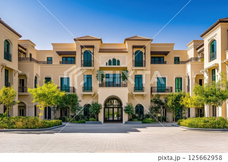 Elegant Mediterranean-style apartment complex with arched windows, decorative balconies, and lush greenery. Warm tones, detailed architecture, sunny weather, ideal for upscale real estate visuals. 125662958