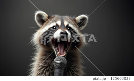 Raccoon close-up screaming into a microphone on plain background. 125663022
