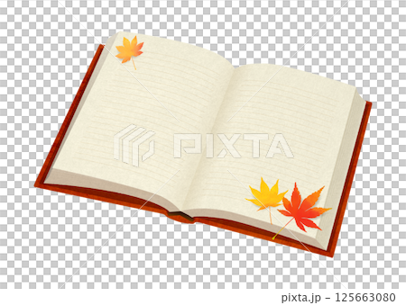 開いた本と紅葉の葉のイラスト（ラインあり） 125663080