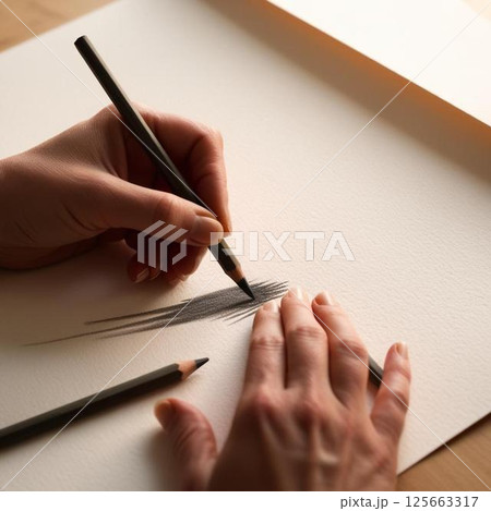 鉛筆で絵を描いている手 125663317