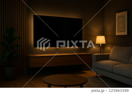 大型テレビを設置したリビングルーム 125663399