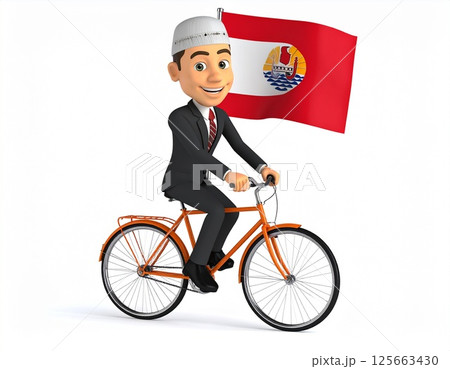 国旗を持ち自転車に乗るスーツ姿の男性ビジネスマン 125663430