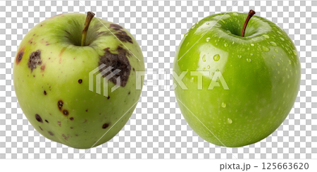Comparison of rotten apple and fresh apple isolated on the transparent background Comparison of rotten apple and fresh apple isolated on the transparent background 125663620