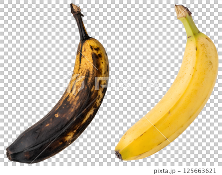 Comparison of overripe banana and fresh ripe banana isolated on the transparent background 125663621