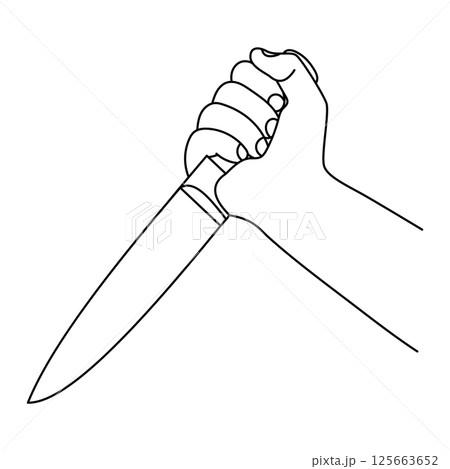 Hand Holding Knife in Attack Position Outline Vector Illustration. Black and white vector illustration showing a human hand gripping a large kitchen knife in attacking position. Hand Holding Knife in Attack Position Outline Vector Illustration. Black and white vector illustration showing a human hand gripping a large kitchen knife in attacking position. 125663652