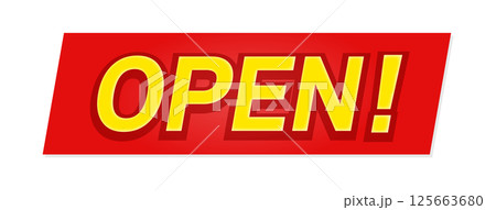 黄色の「OPEN!」の文字とテロップ風の赤い背景 -タイトルや見出しの装飾テキスト素材 黄色の「OPEN!」の文字とテロップ風の赤い背景 -タイトルや見出しの装飾テキスト素材 125663680