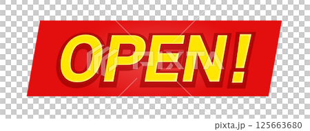 黄色の「OPEN!」の文字とテロップ風の赤い背景 -タイトルや見出しの装飾テキスト素材 黄色の「OPEN!」の文字とテロップ風の赤い背景 -タイトルや見出しの装飾テキスト素材 125663680