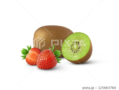 Isolated fruits. Kiwi and strawberry fruits isolated on white background 125663760