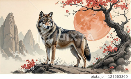 majestic wolf under red moon. 125663860