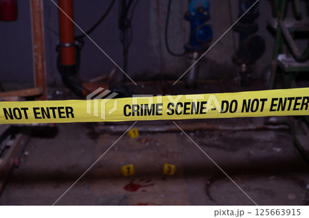 Forensic Crime Scene Investigation with Bloodstains and Numbered Markers Forensic Crime Scene Investigation with Bloodstains and Numbered Markers 125663915