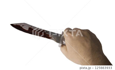 Knife with blood in the hand of a man. Threat with knife. Man attack with knife. Crime, violence. Selective focus. Blurred face 125663933