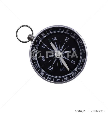 Classic round compass in metal case top view on transparent background 125663939