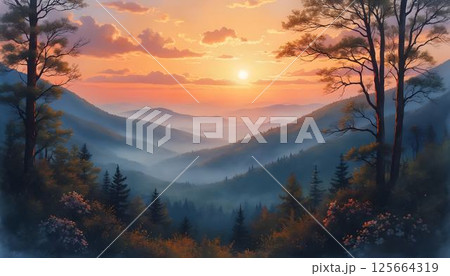 Scenic Smoky Mountains Sunset - Vacation Destination in Watercolor 125664319