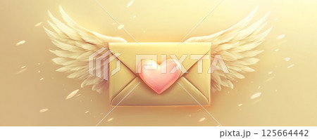 Envelope with heart and angel wings in soft light, symbolizing love and messages. Romantic communication and emotional connections concept 125664442