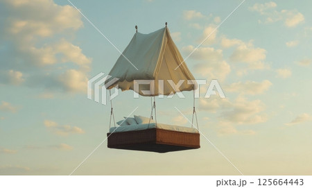 Floating bed with canopy under cloudy sky, surreal dream scape concept 125664443