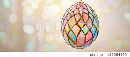 Stained glass Easter egg with iridescent colors on bokeh background. Holiday decoration and art concept 125664530