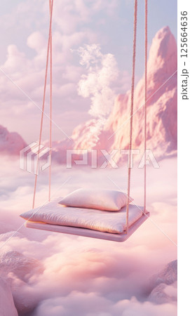 Floating pillow swing amid pink clouds and misty mountains, surreal dream scape concept 125664636