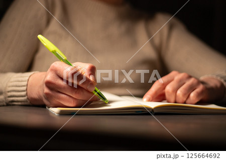 Close up image of woman writing something in personal diary. Psychological concept. Putting all thoughts on paper. 125664692