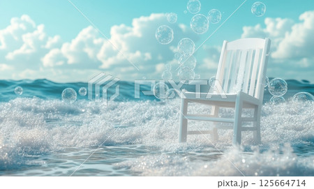 White chair in ocean waves with bubbles, surreal seascape art. Creative solitude and tranquility concept 125664714