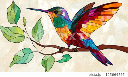 Stained glass illustration of colorful hummingbird on branch Stained glass illustration of colorful hummingbird on branch 125664765