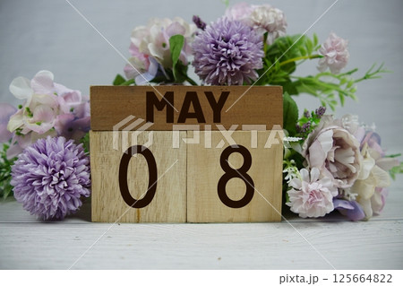 Wooden Calendar Showing the Date of May 8th. Day 8 of May month Wooden Calendar Showing the Date of May 8th. Day 8 of May month 125664822