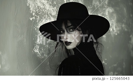 Woman witch in hat. Noire style, AI generative 125665043