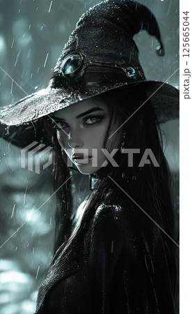 Woman witch in hat. Noire style, AI generative 125665044