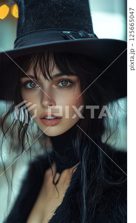 Woman witch in hat. Noire style, AI generative 125665047