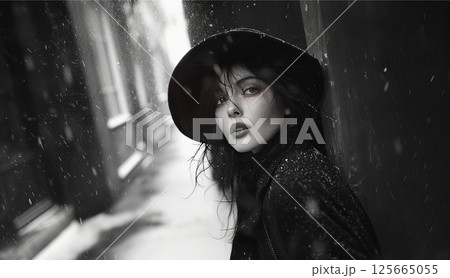 Witch in hat, noire style, attractive woman. AI generative 125665055