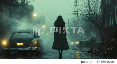 Witch in hat, noire style, attractive woman. AI generative 125665056