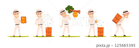 Man Beekeeper Harvest Honey from Bees Vector Set 125665395