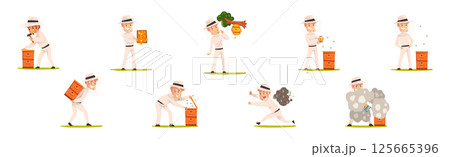 Man Beekeeper Harvest Honey from Bees Vector Set Man Beekeeper Harvest Honey from Bees Vector Set 125665396