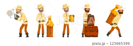 Man Beekeeper Harvest Honey from Bees Vector Set 125665399