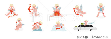Funny Boy Cupid Character with Blond Hair and Wings Vector Set 125665400