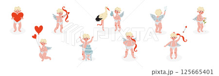 Funny Boy Cupid Character with Blond Hair and Wings Vector Set 125665401