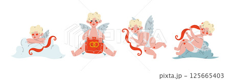 Funny Boy Cupid Character with Blond Hair and Wings Vector Set 125665403