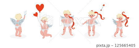 Funny Boy Cupid Character with Blond Hair and Wings Vector Set 125665405