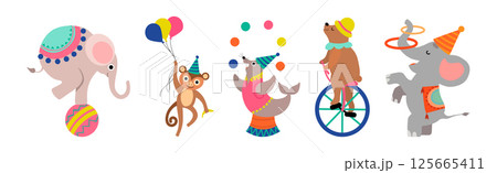Cute Circus Animal Characters Tame Artist Performing Trick Vector Set 125665411