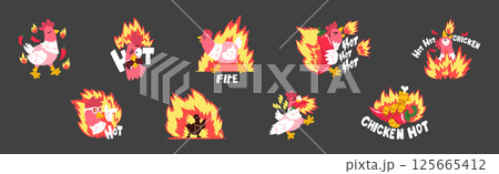 Hot Spicy Chicken with Fire as Grill and Roast Sticker Vector Set Hot Spicy Chicken with Fire as Grill and Roast Sticker Vector Set 125665412
