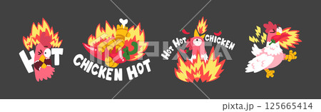 Hot Spicy Chicken with Fire as Grill and Roast Sticker Vector Set Hot Spicy Chicken with Fire as Grill and Roast Sticker Vector Set 125665414