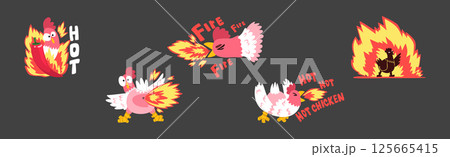 Hot Spicy Chicken with Fire as Grill and Roast Sticker Vector Set Hot Spicy Chicken with Fire as Grill and Roast Sticker Vector Set 125665415