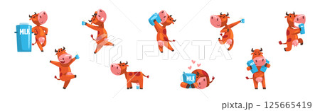 Funny Cow Farm Animal Character with Milk Vector Set Funny Cow Farm Animal Character with Milk Vector Set 125665419