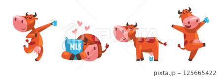 Funny Cow Farm Animal Character with Milk Vector Set Funny Cow Farm Animal Character with Milk Vector Set 125665422