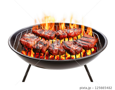 Grilled meat on flaming barbecue grill Grilled meat on flaming barbecue grill 125665482