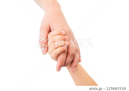 Adult and child hands holding hands on white isolated background 125665510