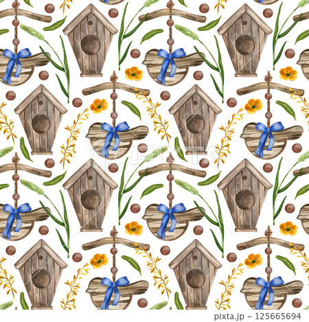 Seamless watercolor pattern. Birdhouse, bird pendant, meadow flowers and herbs of different colors, bell, buttercups, all objects are hand-drawn with watercolor. For printing on fabric, paper. 125665694