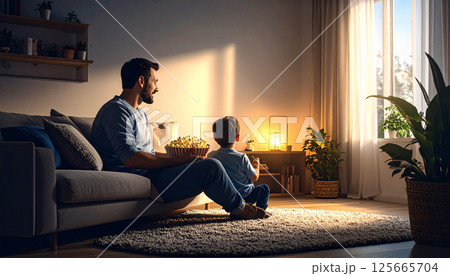 Father and child having fun with bowl of popcorn. Generated image 125665704