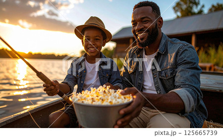 Father and child fishing at sunrise with a bowl of popcorn. Generated image Father and child fishing at sunrise with a bowl of popcorn. Generated image 125665739