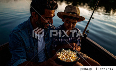 Father and child fishing at sunrise with a bowl of popcorn. Generated image 125665743