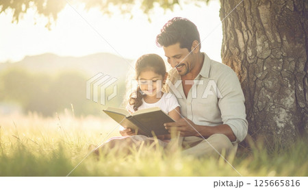 Dad and daughter reading a book together under a tree. Generated image 125665816